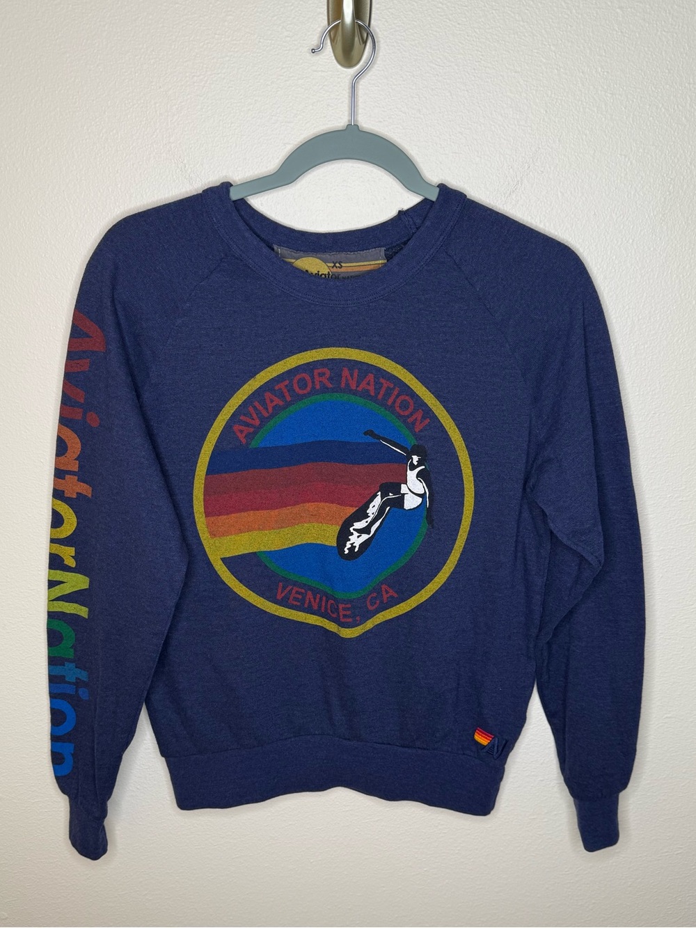 Aviator Nation XS Venice CA Rainbow Motocross Graphic Crewneck Sweatshirt